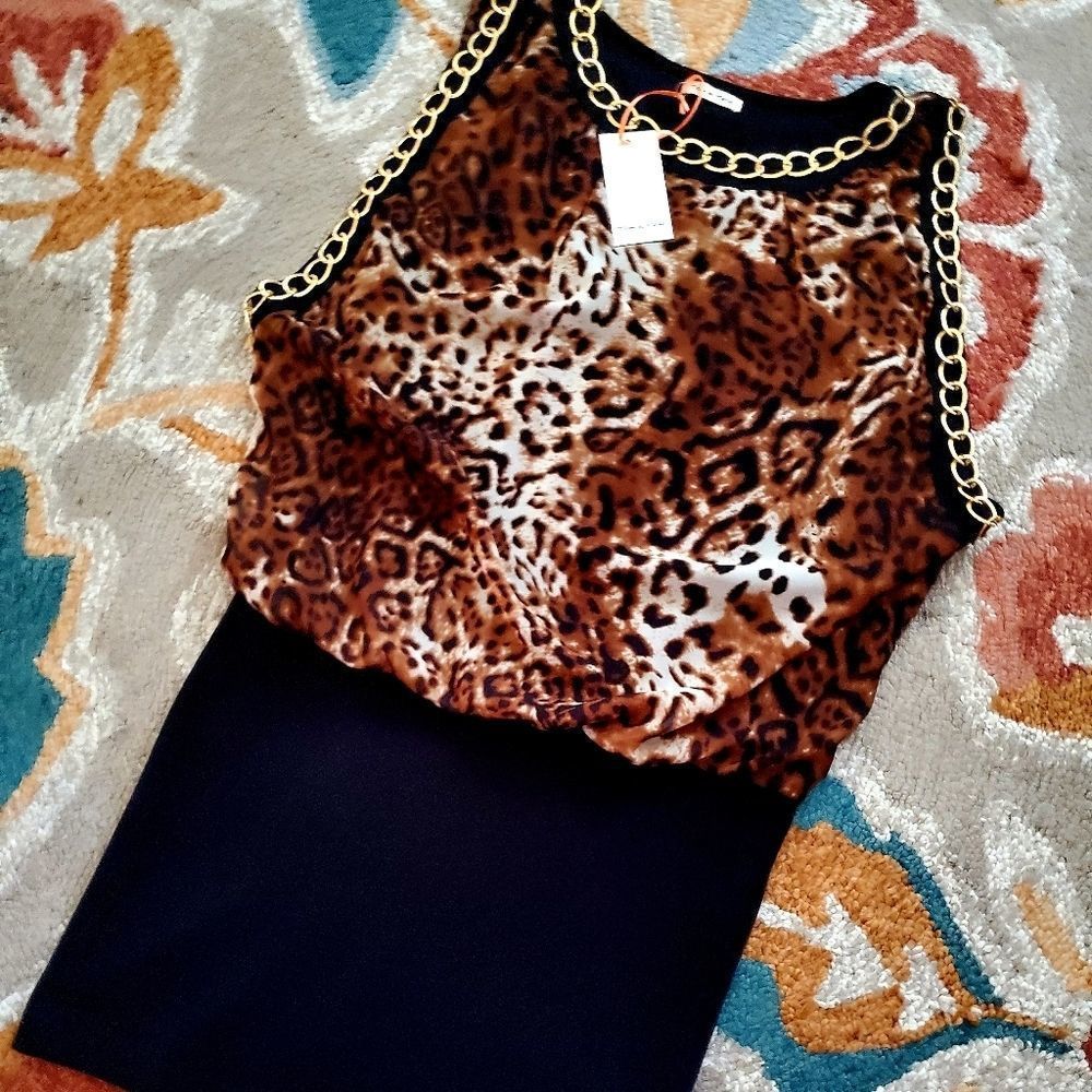 TEA N ROSE CHAIN ACCENT ANIMAL PRINT MINI DRESS FLOUNCE TOP TUBE SKIRT BOTTOM